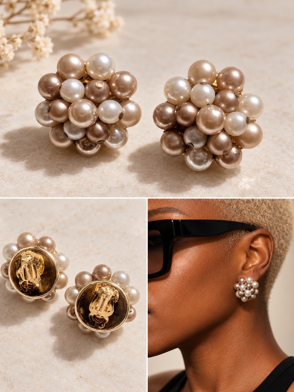 Gold-Tone Cluster Pearl Clip Earrings - Champagne & Ivory